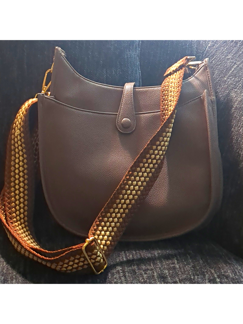 Ah-Dorned Classic Vegan Leather Messenger Crossbody Bag Brown Woven Guitar Strap
